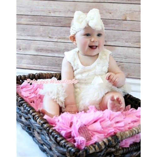 Valentine's Day Cream White Romantic Rose Baby Bodysuit Pettiskirt & Cream White Bow & Cream White Headband Roes Bow JS2777 